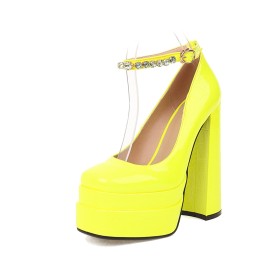 Thick Heel 2022 6 inch High Heeled Pumps Going Out Footwear Platform Faux Leather Yellow Embossed Casual Patent Fashion Block Heel