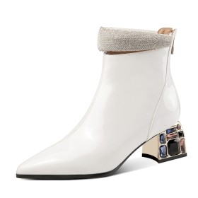 5 cm Niedriger Absatz Leder Weiße 2023 Business Casual Mit Strasssteine Ankle Boots Spitz Elegante Gefütterte Mode Mit Blockabsatz