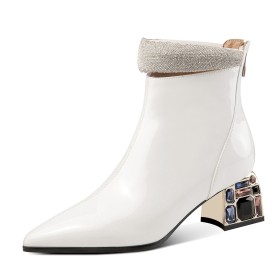 Stylish Chunky Dress Shoes Crystal Block Heels Fur Lined With Color Block 5 cm Low Heel White Ankle Boots