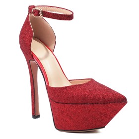15 cm High Heels With Ankle Strap Sandals Stylish Glitter Platform Belt Buckle Evening Party Shoes Sexy