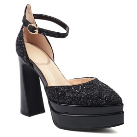 Fashion Black With Ankle Strap Block Heels Metallic Pumps Evening Shoes D orsay Glitter High Heel Patent Thick Heel Platform Dress Shoes