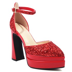 Sexy Rote Knöchelriemen Metallic Plateau Mit Blockabsatz Spitz Mode Sandaletten Damen Pumps Festliche Schuhe Glitzer Abendschuhe 15 cm High Heels