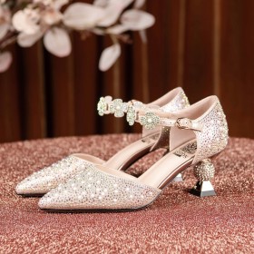 Dress Shoes Metallic Belt Buckle Sparkly Ankle Strap Leather With Pearl 6 cm Heeled Sculpted Heel Gorgeous Wedding Shoes Pointed Toe Party Shoes Beautiful Flower Sandals For Women