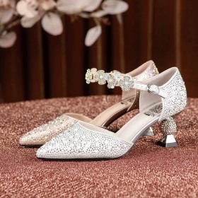 Dress Shoes Metallic Belt Buckle Sparkly Ankle Strap Leather With Pearl 6 cm Heeled Sculpted Heel Gorgeous Wedding Shoes Pointed Toe Party Shoes Beautiful Flower Sandals For Women