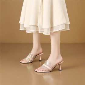 Beautiful Thick Heel Patent Leather With Rhinestones Evening Party Shoes Sandals Square Toe Mid Heels Clear 2024