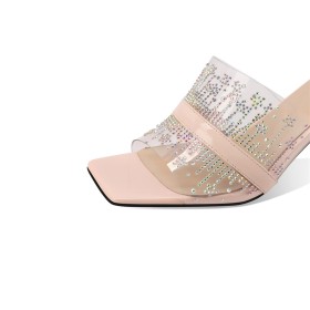 Talon Epais Bout Carré Talon 7 cm Avec Strass Chaussure De Soirée Business Casual Bout Ouvert Transparente Sandales