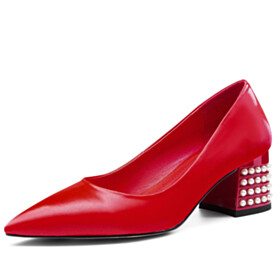 Rood Schoen Blokhak Leer Met Lage Hak Pumps Kantoor Schoenen Met Parels Business Casual