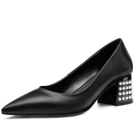 Pointed Toe Elegant Block Heel Chunky Low Heels Leather Black Pumps