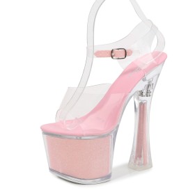 Sparkly Peep Toe 7 inch Extreme High Heel Ankle Strap Casual Chunky Heel Sandals Platform