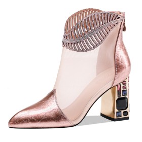 Natural Leather Block Heels Chunky Heel Crystal Patent Leather Tulle Rose Gold Ankle Boots Pointed Toe Elegant Sparkly Evening Party Shoes Business Casual Shoes Metallic 8 cm High Heels Formal Dress Shoes Sandal Boots