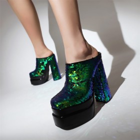 Glitter Feest 15 cm High Heel Ombre Muiltjes Groen Sparkle Blok Hak Gesloten Neus