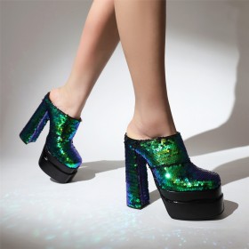 Glitter Feest 15 cm High Heel Ombre Muiltjes Groen Sparkle Blok Hak Gesloten Neus