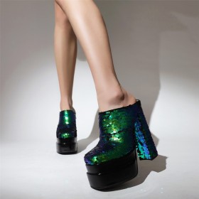 Glitter Feest 15 cm High Heel Ombre Muiltjes Groen Sparkle Blok Hak Gesloten Neus