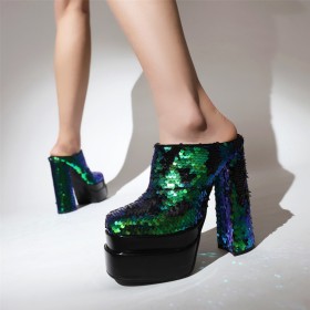 Glitter Feest 15 cm High Heel Ombre Muiltjes Groen Sparkle Blok Hak Gesloten Neus