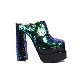 Glitter Feest 15 cm High Heel Ombre Muiltjes Groen Sparkle Blok Hak Gesloten Neus