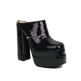 Chunky Heel Mules Block Heels Sequin Ombre Black Sparkly Evening Shoes 6 inch High Heel