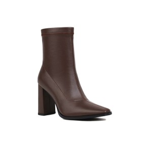 Höga Klackar Dragkedja Mörkbruna Bekväma Ankelboots Dam Fuskläder Blockklackar