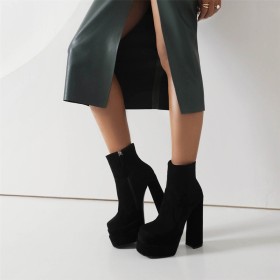 Suede Classic Vintage Chunky Booties Faux Leather Black Platform Fur Lined 6 inch High Heel Block Heels