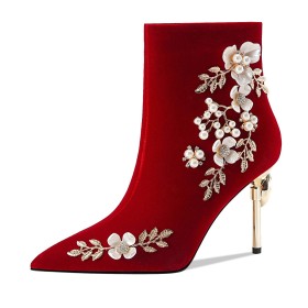 Beautiful Evening Shoes Booties For Women Stiletto Heels Velvet Closed Toe Red With Flower Pointed Toe With Buckle 8 cm High Heel