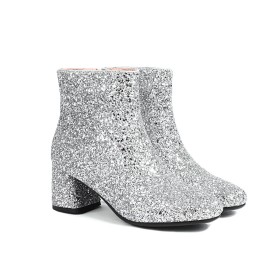 Sparkly Fur Lined 2023 Chunky Heel Casual Sequin Closed Toe Round Toe Ankle Boots Block Heel Comfort Mid Heels
