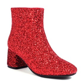 Comfort Block Heel Red Sparkly Chunky Round Toe Ankle Boots For Women Mid Heels Glitter