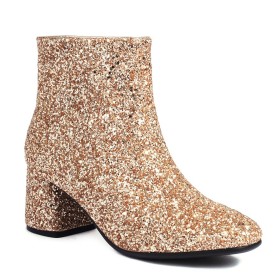 Sparkle Gouden Mode Comfortabele Glitter Blokhak Enkellaars Dames 6 cm Heels