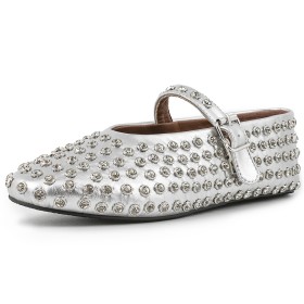 Moccasins Faux Leather With Ankle Strap Round Toe Flat Shoes Sparkly Studded