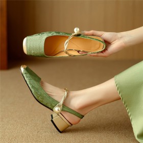 Beautiful Satin Leather With Ankle Strap Chinese Style Natural Leather Low Heel Comfortable Business Casual Chunky Heel Block Heels Shoes