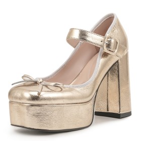 Gold Ausgehen Schuhe Damen Mit Schleife Knöchelriemen Lack Schöne Metallic 10 cm High Heel Blockabsatz