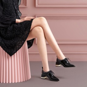 Chunky Rhinestones Black Elegant 2 inch Low Heel Classic Shooties Glitter Pointed Toe Lacing Up Block Heels