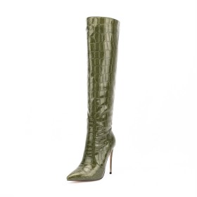 Olive Green High Heel Patent Leather Fur Lined Faux Leather Knee High Boot Classic Stilettos 2022 Crocodile Printed