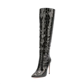 Classic Black Pointed Toe Tall Boots 12 cm High Heeled Fall Closed Toe Crocodile Print Fur Lined Stiletto Riding Boot Faux Leather Knee High Boot