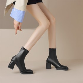 Elastische Comfort Blokhakken Enkellaars Dames Vierkante Neus Gevoerde Middelhoge Heels Sock Boots Klassiek