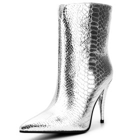 Patent Leather Sparkly Stiletto Faux Leather Ankle Boots For Women Silver 10 cm High Heels Snake Printed