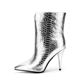 Patent Leather Sparkly Stiletto Faux Leather Ankle Boots For Women Silver 10 cm High Heels Snake Printed