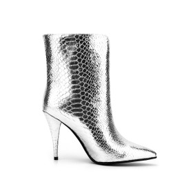 Patent Leather Sparkly Stiletto Faux Leather Ankle Boots For Women Silver 10 cm High Heels Snake Printed