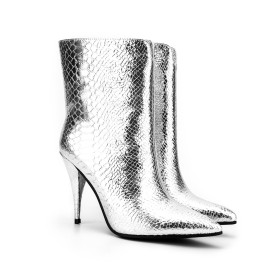 Patent Leather Sparkly Stiletto Faux Leather Ankle Boots For Women Silver 10 cm High Heels Snake Printed