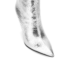 Patent Leather Sparkly Stiletto Faux Leather Ankle Boots For Women Silver 10 cm High Heels Snake Printed