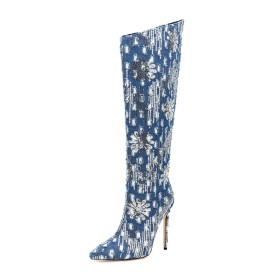 12 cm High Heel Knee High Boot Embroidered Sparkly Sequin Denim Flowers Fashion Tall Boot Pointed Toe Going Out Footwear