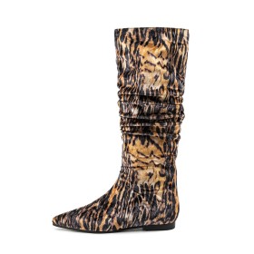 Confort Plates Bottes Hautes Fourrées Hiver Marron Leopard Boots Femme Classique