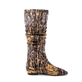 Flat Shoes Classic Knee High Boot For Women Fur Lined Velvet Tall Boot Comfortable Leopard Brown