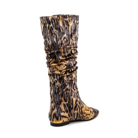 Flat Shoes Classic Knee High Boot For Women Fur Lined Velvet Tall Boot Comfortable Leopard Brown