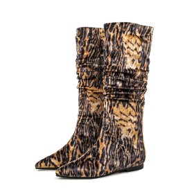 Confort Plates Bottes Hautes Fourrées Hiver Marron Leopard Boots Femme Classique