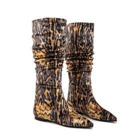 Confort Plates Bottes Hautes Fourrées Hiver Marron Leopard Boots Femme Classique