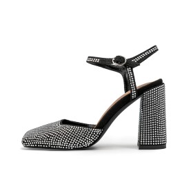 With Ankle Strap Sandals Sparkly High Heel Elegant Closed Toe Dress Shoes Belt Buckle Faux Leather Black Block Heel Thick Heel