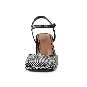With Ankle Strap Sandals Sparkly High Heel Elegant Closed Toe Dress Shoes Belt Buckle Faux Leather Black Block Heel Thick Heel