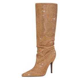 Sparkly Tall Boots Rhinestones Beautiful Glitter Gold Stilettos Party Shoes Knee High Boots Pointed Toe 4 inch High Heel