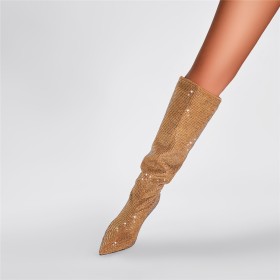 Sparkly Tall Boots Rhinestones Beautiful Glitter Gold Stilettos Party Shoes Knee High Boots Pointed Toe 4 inch High Heel