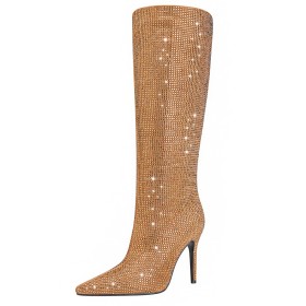 Sparkly Tall Boots Rhinestones Beautiful Glitter Gold Stilettos Party Shoes Knee High Boots Pointed Toe 4 inch High Heel