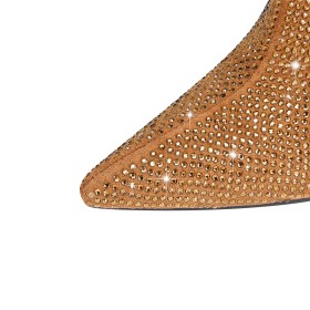 Sparkly Tall Boots Rhinestones Beautiful Glitter Gold Stilettos Party Shoes Knee High Boots Pointed Toe 4 inch High Heel